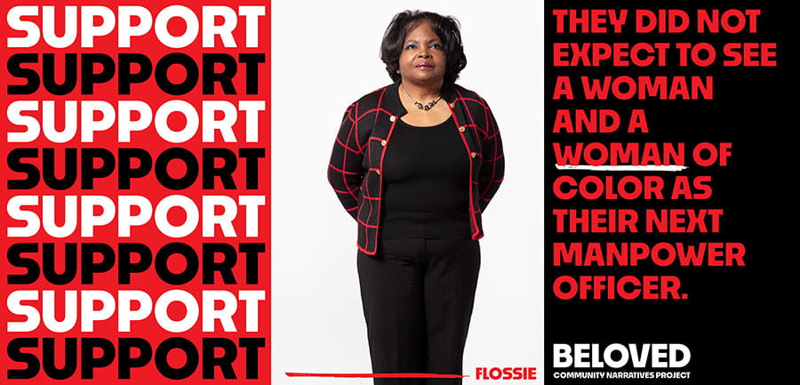 Support - portrait of Flossie with an excerpt of her quote emphasizing
