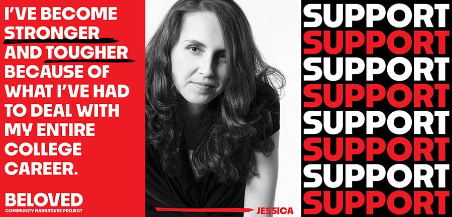 Support - portrait of Jessica with an excerpt of her quote emphasizing