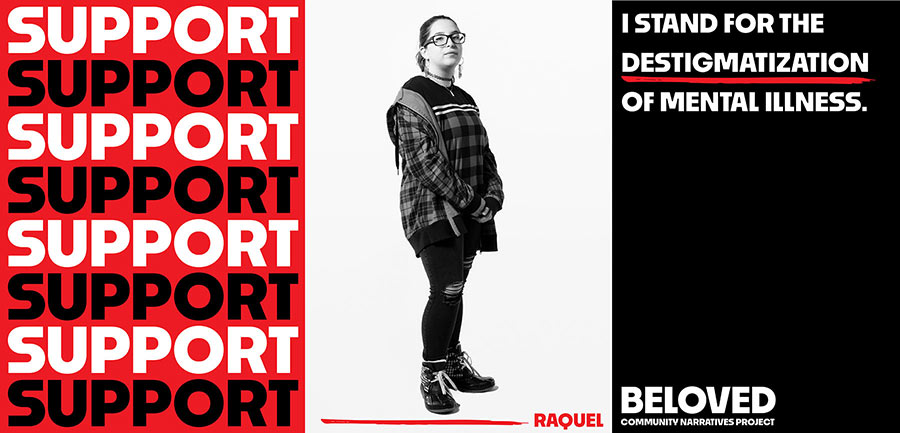 Support - portrait of Raquel with an excerpt of her quote emphasizing