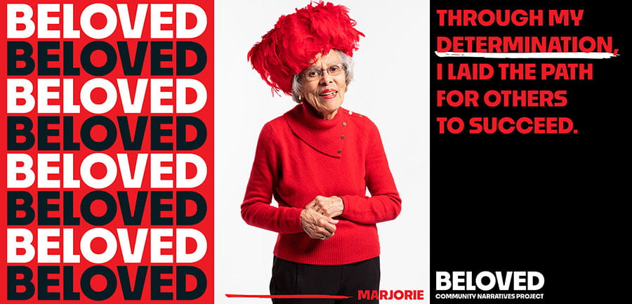 Beloved - portrait of Marjorie with an excerpt of her quote emphasizing