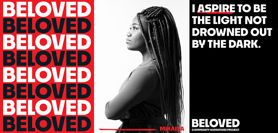 Beloved - portrait of Mikaela with an excerpt of her quote emphasizing