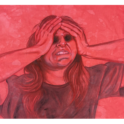 “Red Nightmares (losing my eyesight),” 2025, acrylic-on-canvas