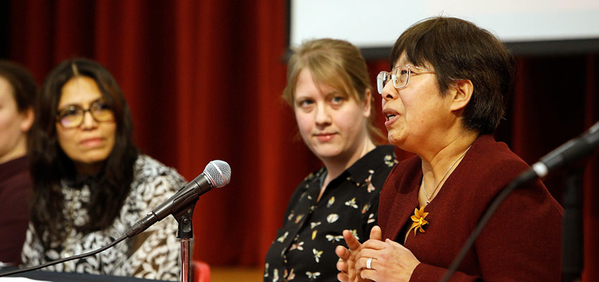 in Lin, professor of Childhood/Early Childhood Education, and other SUNY Cortland faculty participate in a panel discussion on “Why I Teach” during the President's Spring Opening of School Meeting