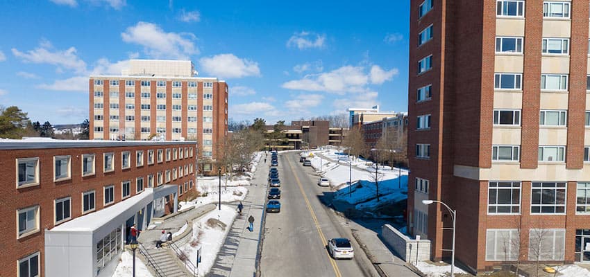 Aerial view of residence halls in winter