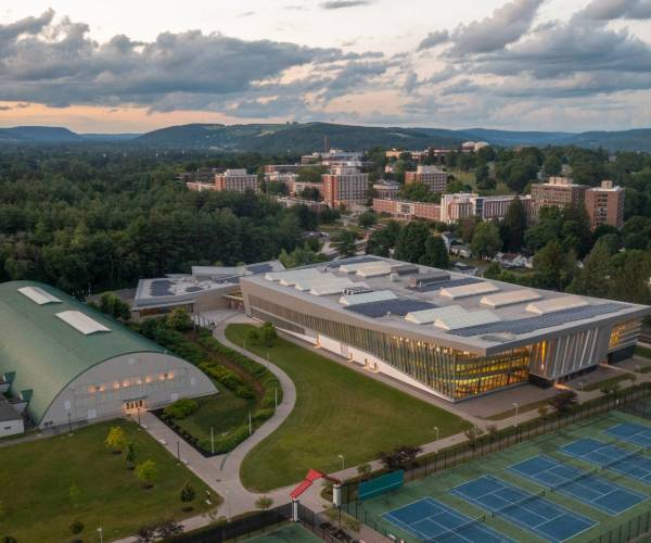 Aerial of Student Life Center, bioswale and field house