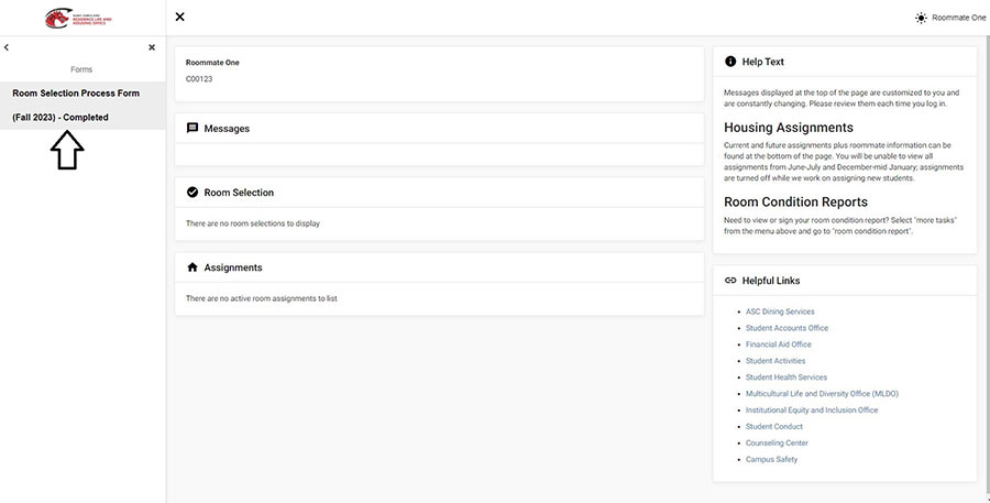 Screenshot showing where Room Selection Form is on Red Dragon site