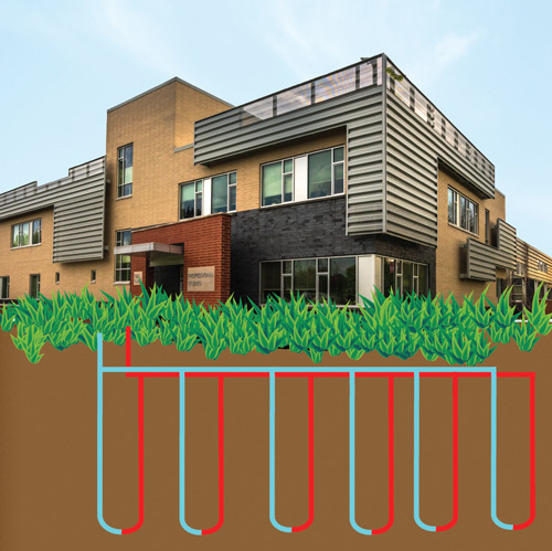 A depiction of the heat pump wells below the professional studies building