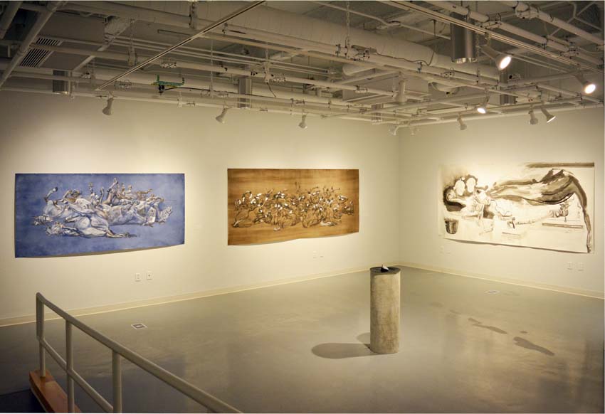 A view into the west gallery featuring Andrew Ellis Johnson's works on paper and a black cultured marble sculpture titled “Eternal Flames I” as part of the 'Founder' exhibition.