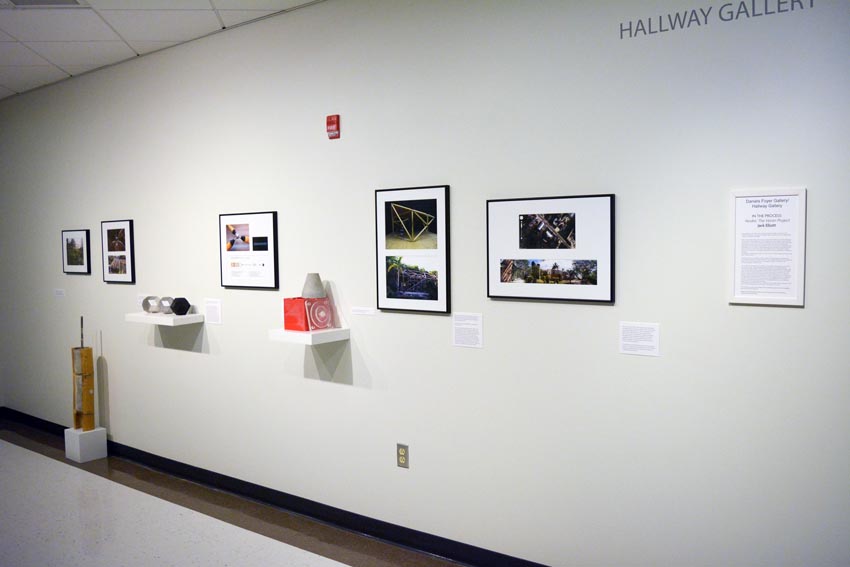 View into the east Hallway Gallery/Daniels Foyer Gallery at Dowd Fine Arts Center featuring detail of modular installation produced by Ithaca-based sculptor Jack Elliott.