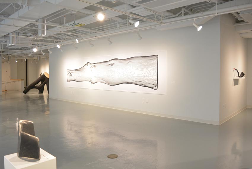 View into the central gallery at Dowd Gallery featuring sculptural objects produced by Ithaca-based sculptor Jack Elliott.