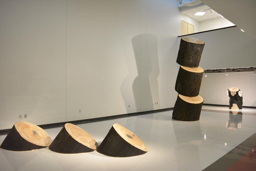 View into the Critique Space/Sculpture Pit at Dowd Fine Arts Center featuring large-scale objects produced by Ithaca-based sculptor Jack Elliott.