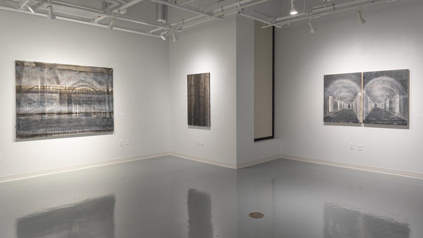 View into the west interior at Dowd Gallery featuring paintings by Binghamton-based artist Natalija Mijatović. Image: Marcus Newton. 