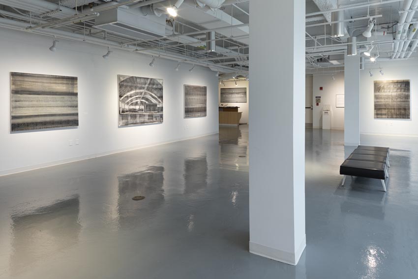 View into the central interior at Dowd Gallery featuring paintings by Binghamton-based artist Natalija Mijatović. Image: Marcus Newton.