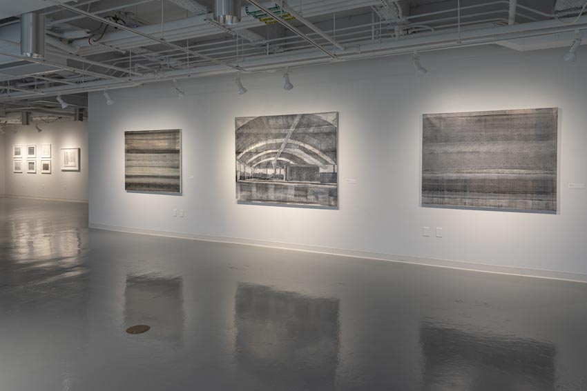 View into the central interior at Dowd Gallery featuring paintings by Binghamton-based artist Natalija Mijatović. Image: Marcus Newton. 