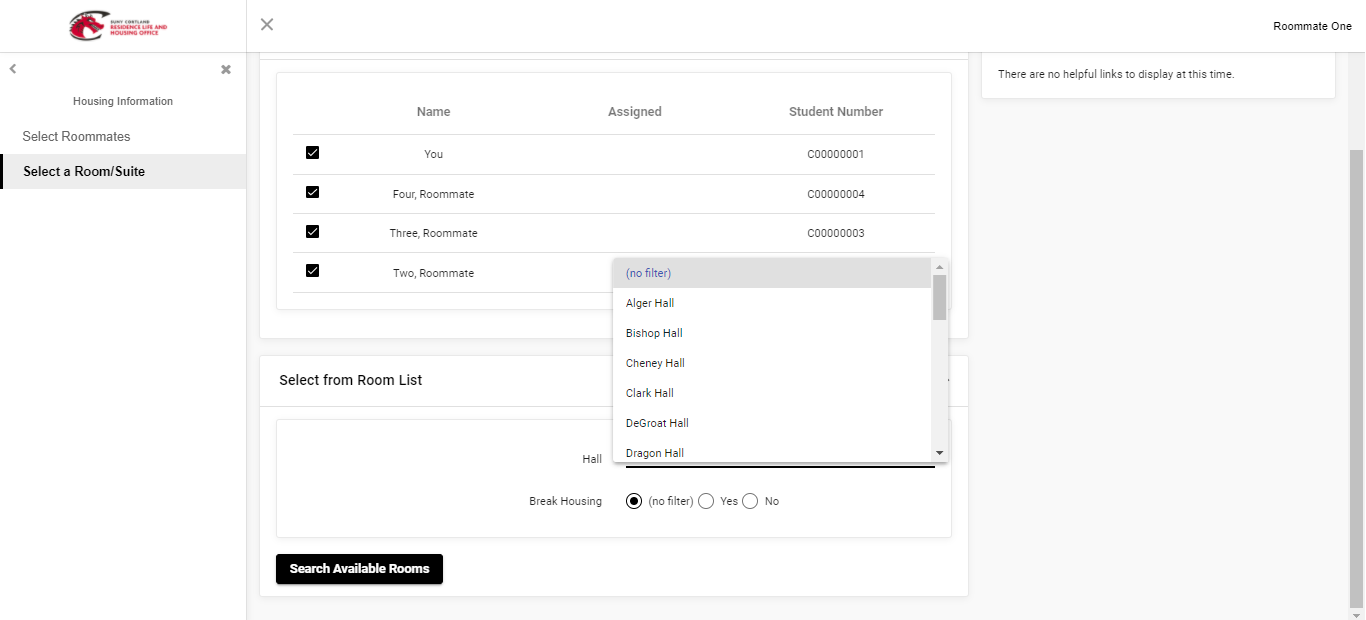 Screenshot of how to filter for rooms in housing selection