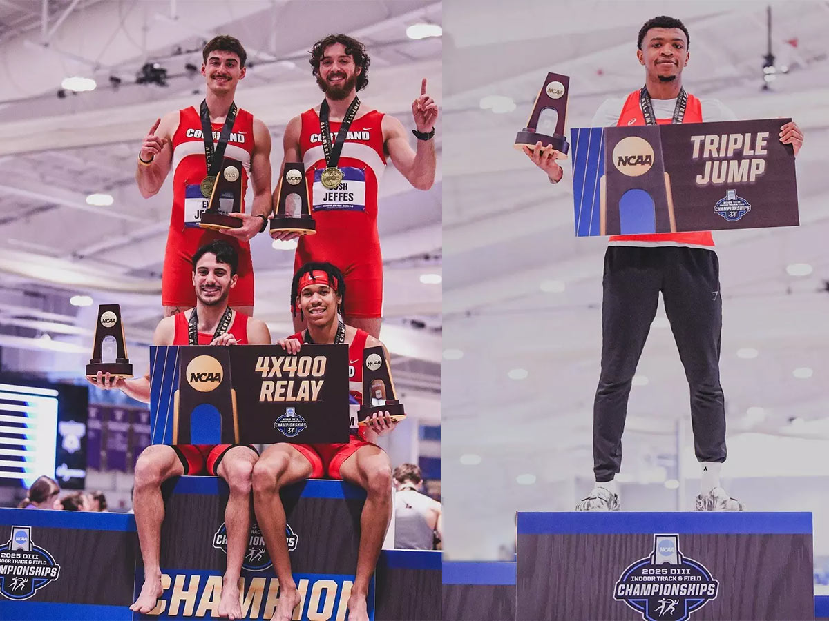 Mens Track and Field team holding NCAA trophies